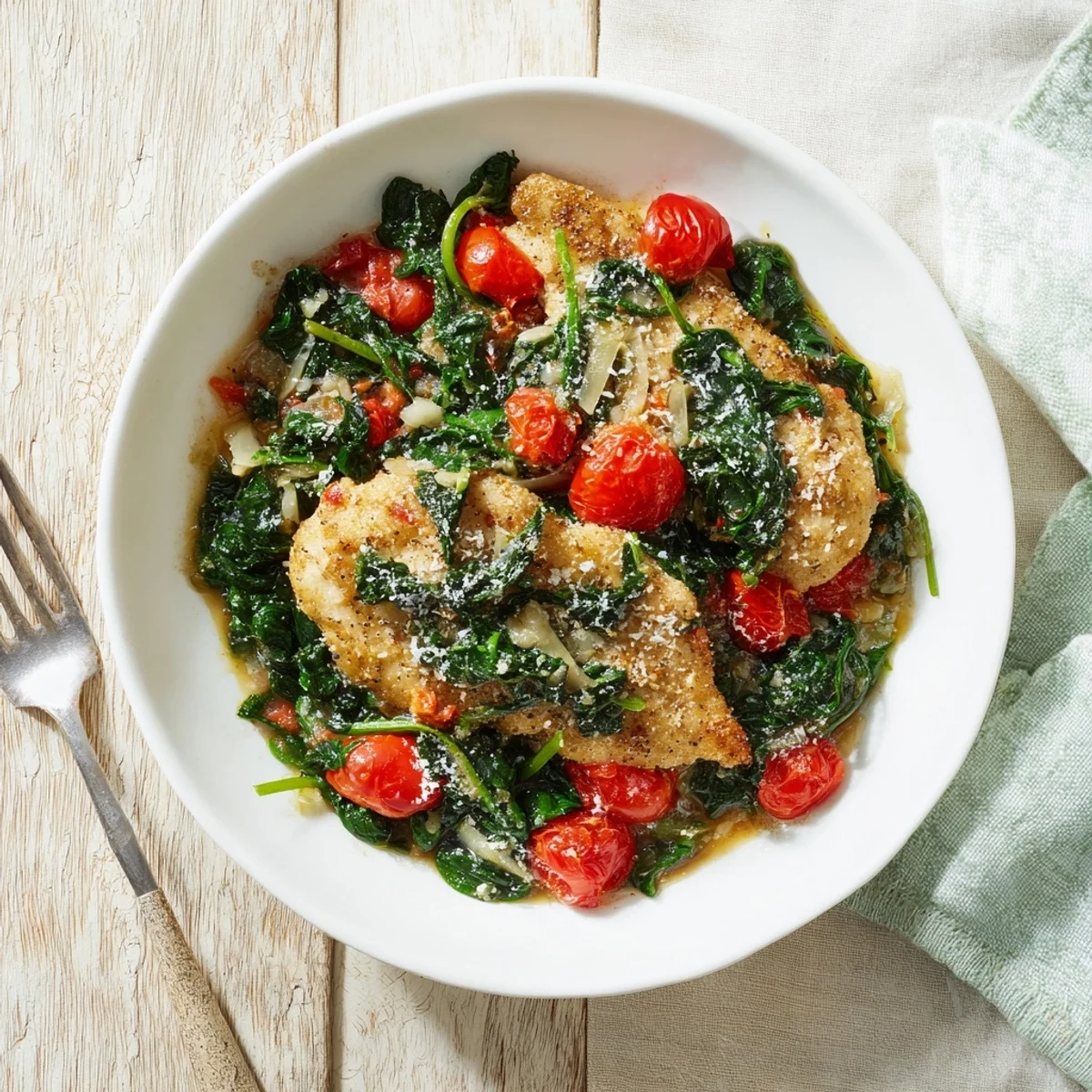 Savory Tomato Spinach Chicken dish topped with grated Parmesan and served steaming hot in a cast iron skillet