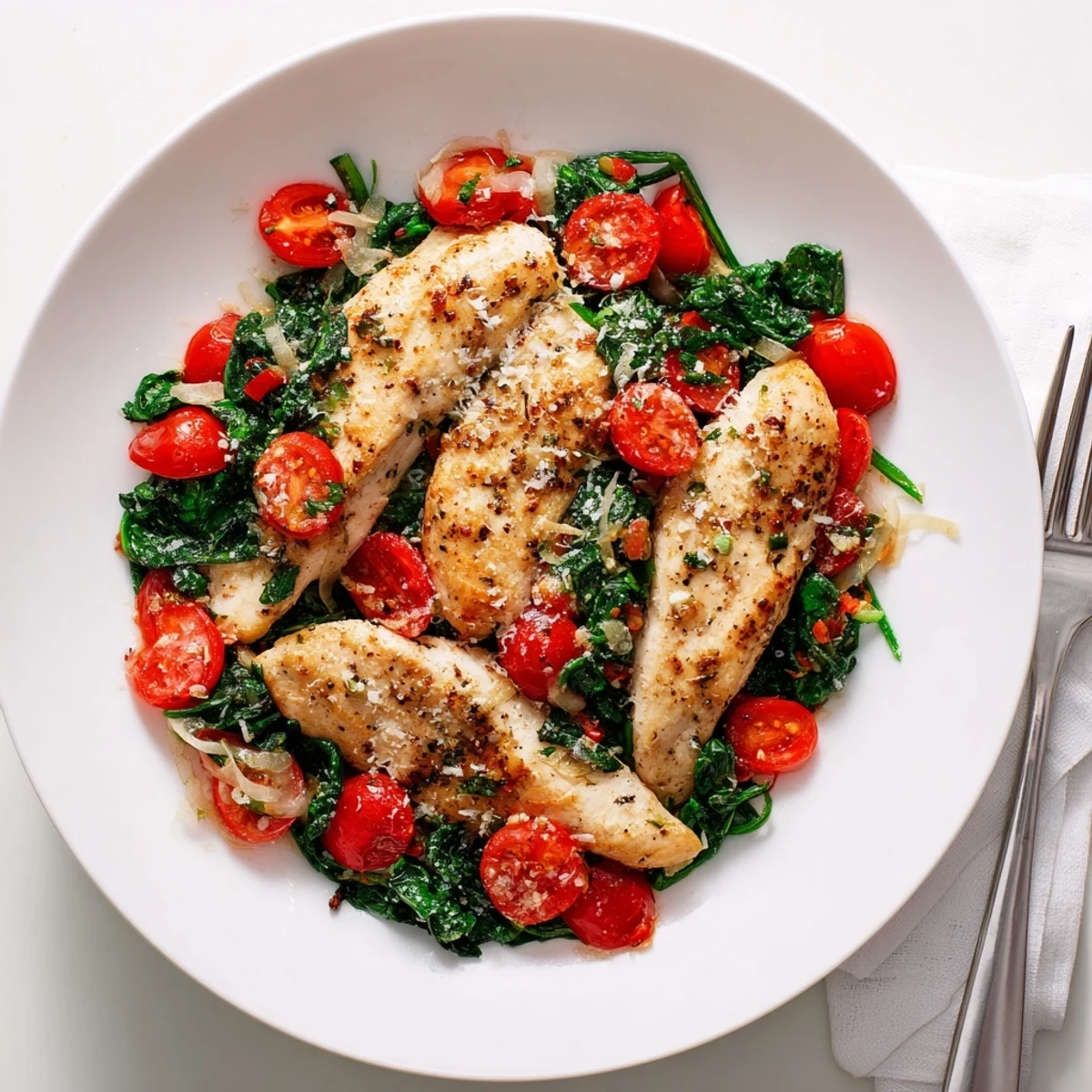 Golden pan-seared chicken breast nestled in a vibrant sauce of wilted spinach and juicy red cherry tomatoes