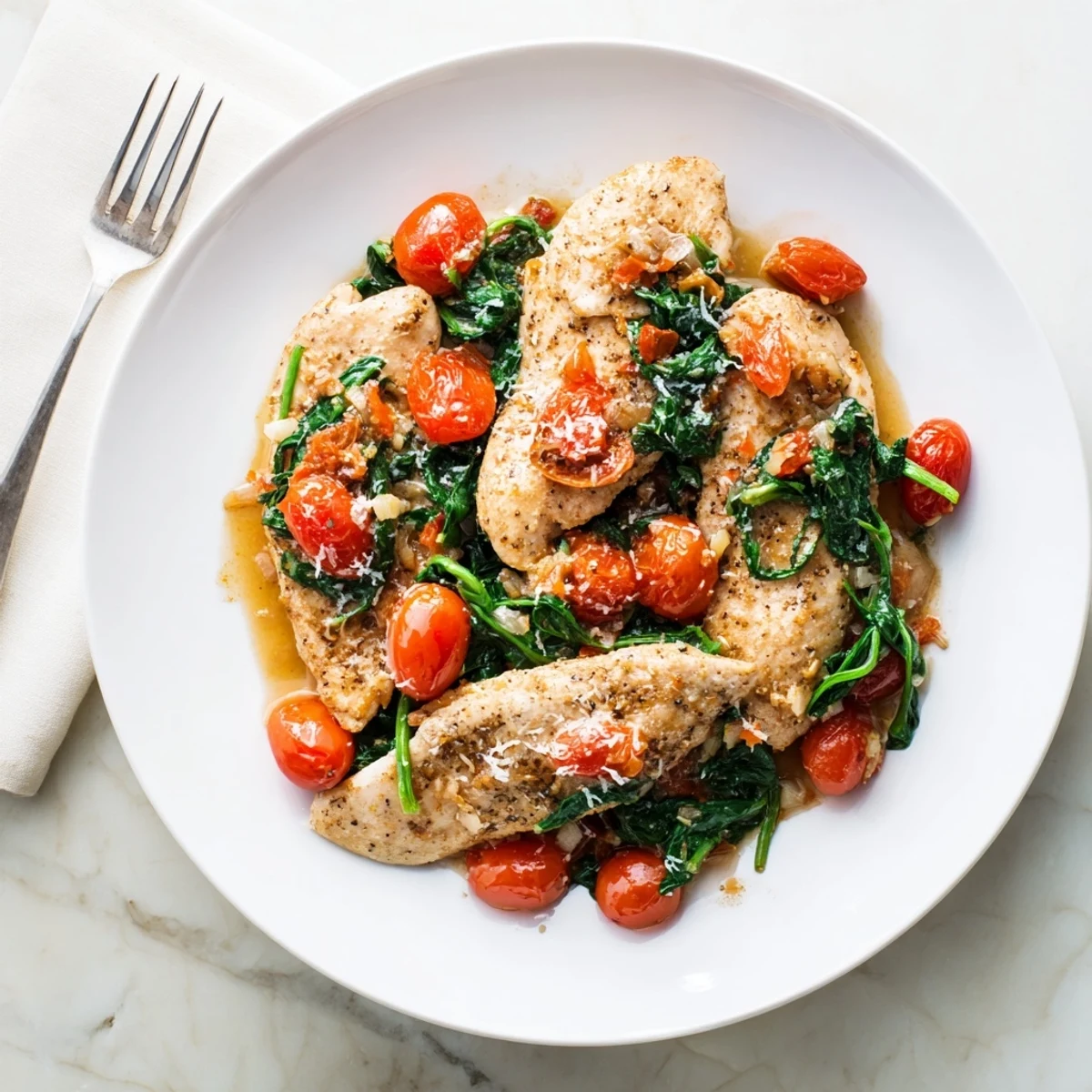 Weeknight dinner features tender seasoned chicken pieces simmering with fresh greens and burst tomatoes in a light broth