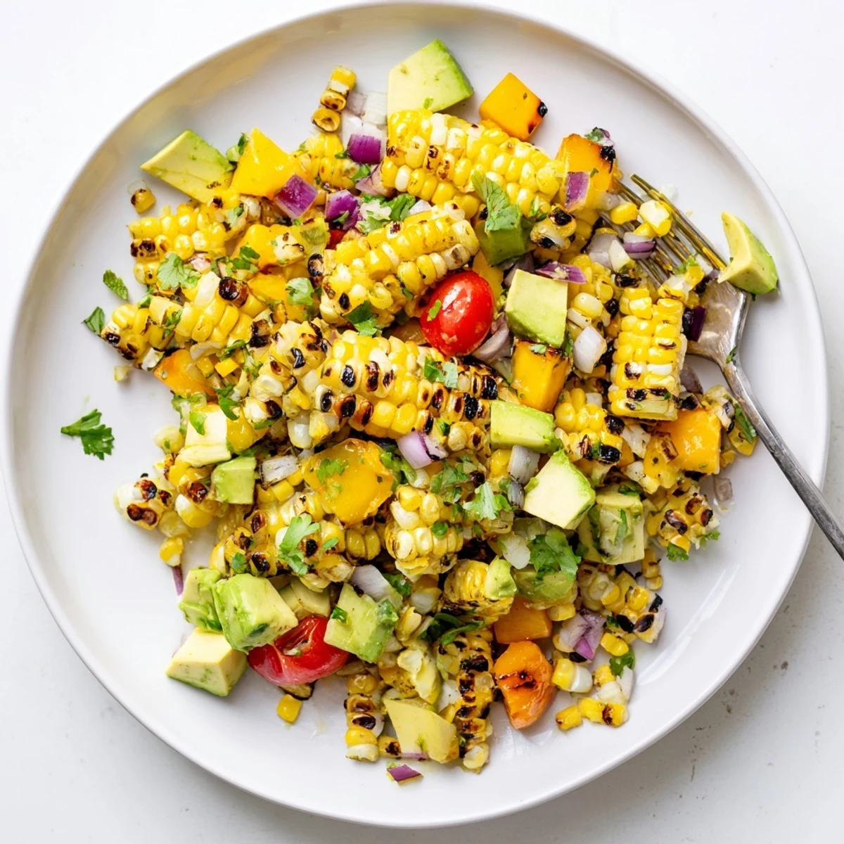 Fresh corn kernels charred to golden perfection tossed with creamy avocado tropical fruits and zesty lime dressing