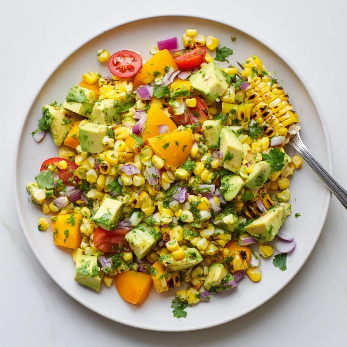 Colorful tropical charred corn and avocado salad featuring sweet pineapple mango chunks in a serving bowl