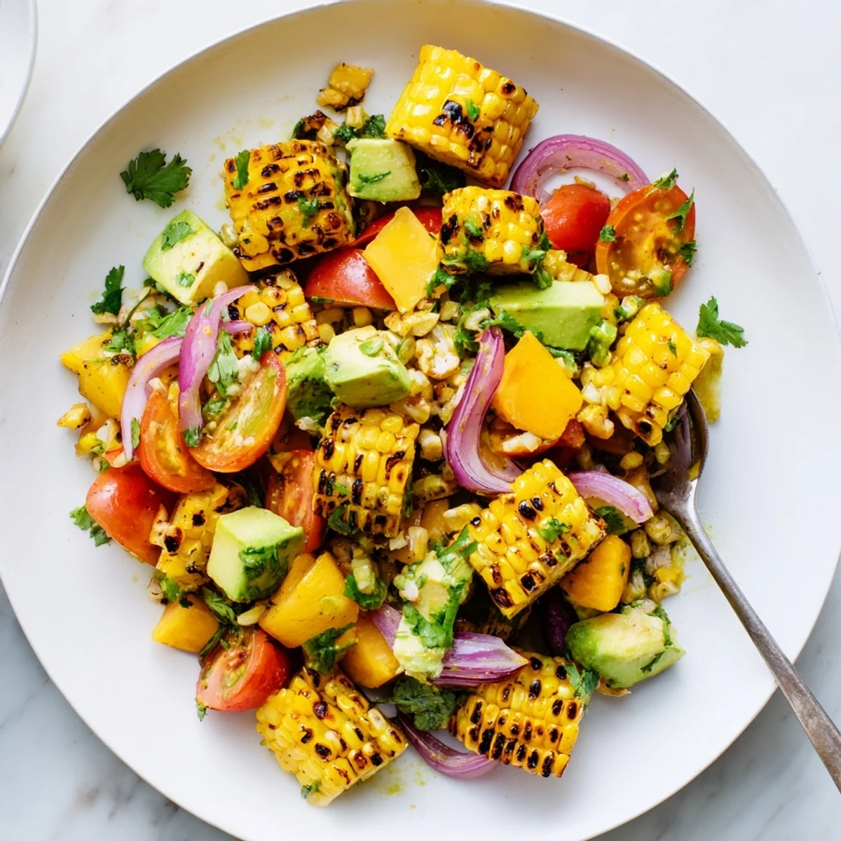 Vibrant summer bowl of grilled corn avocado salad with diced pineapple mango red onion cherry tomatoes and cilantro