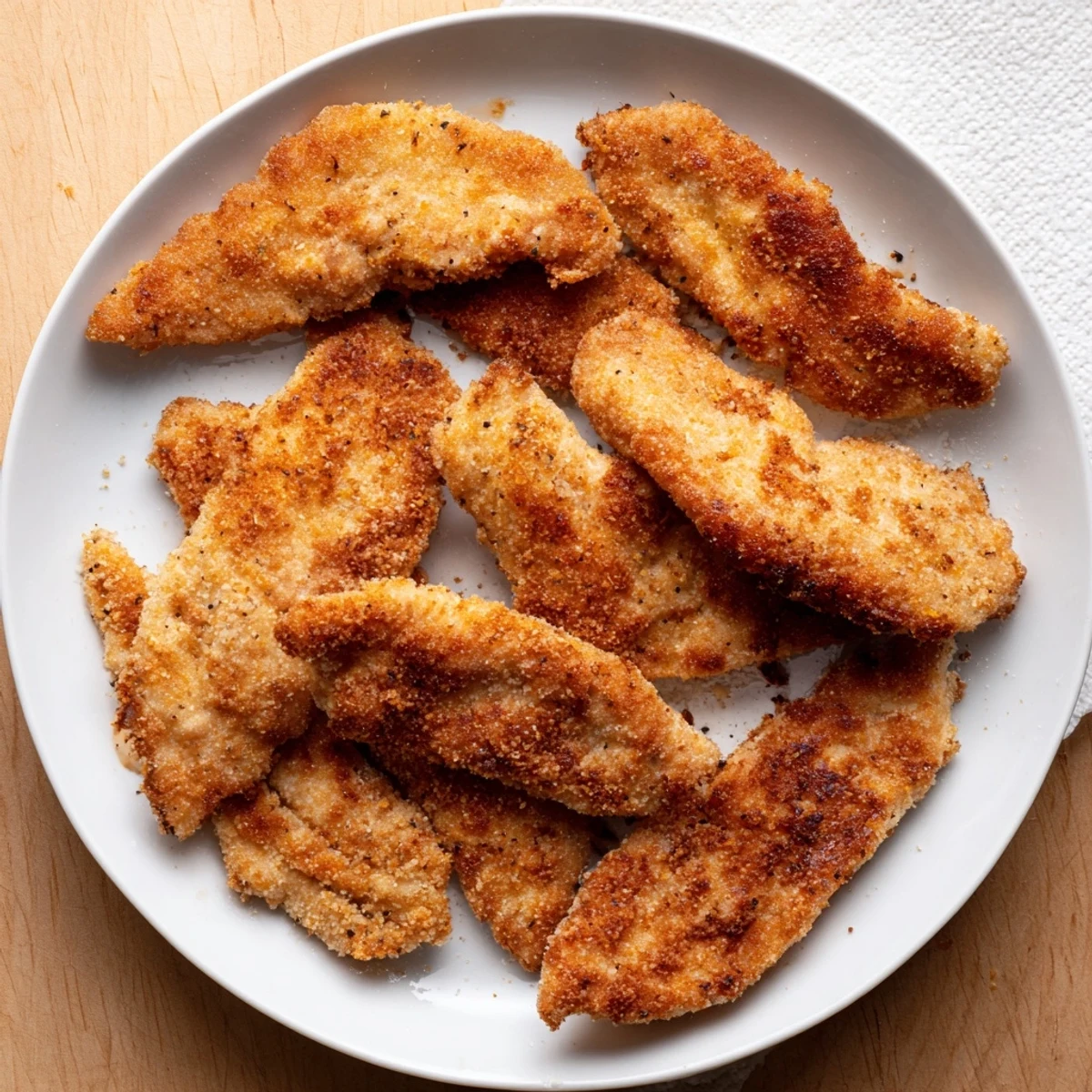 Golden brown fried chicken breast with crispy breadcrumb coating on a white plate