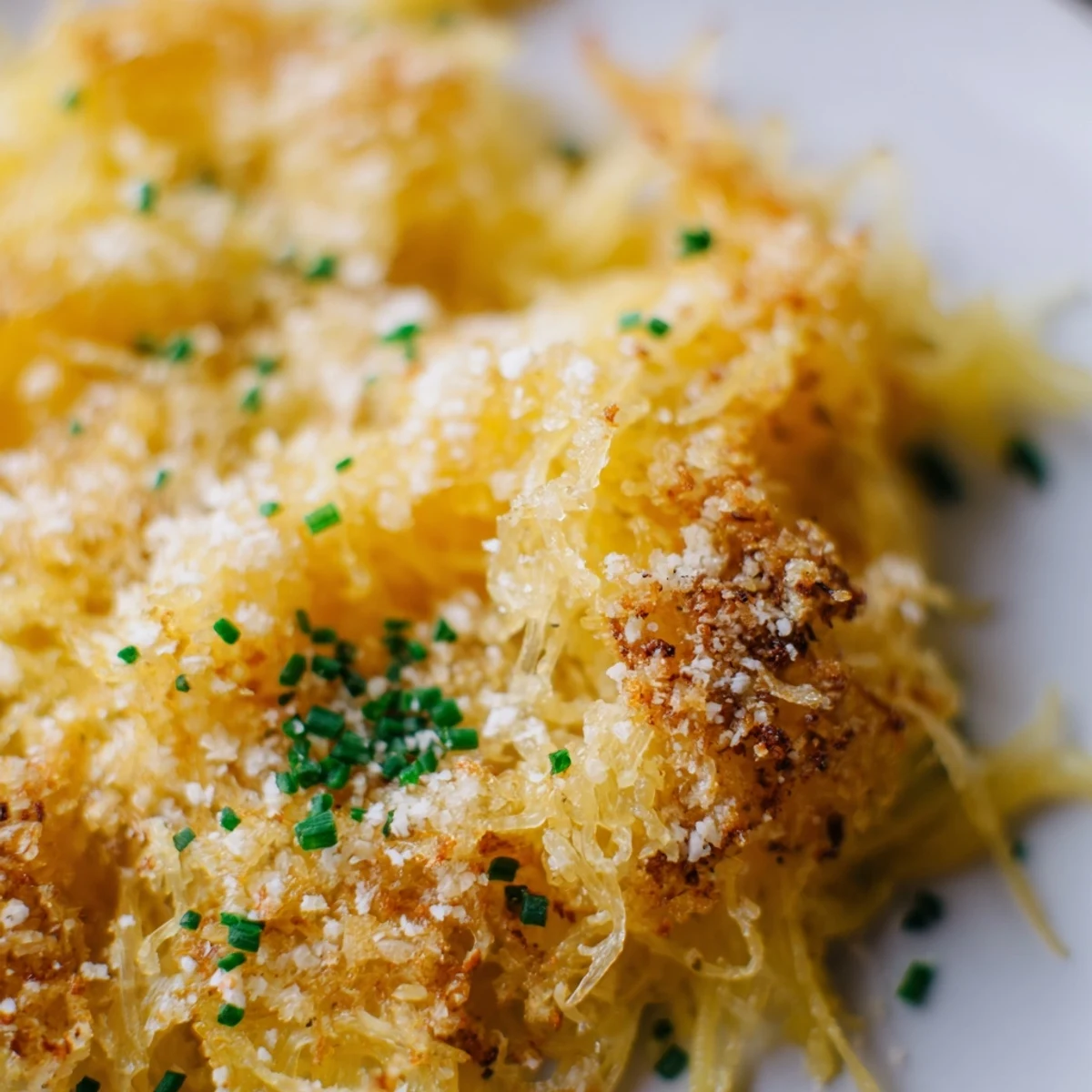 Golden baked spaghetti squash mac and cheese topped with crispy breadcrumbs and fresh chives