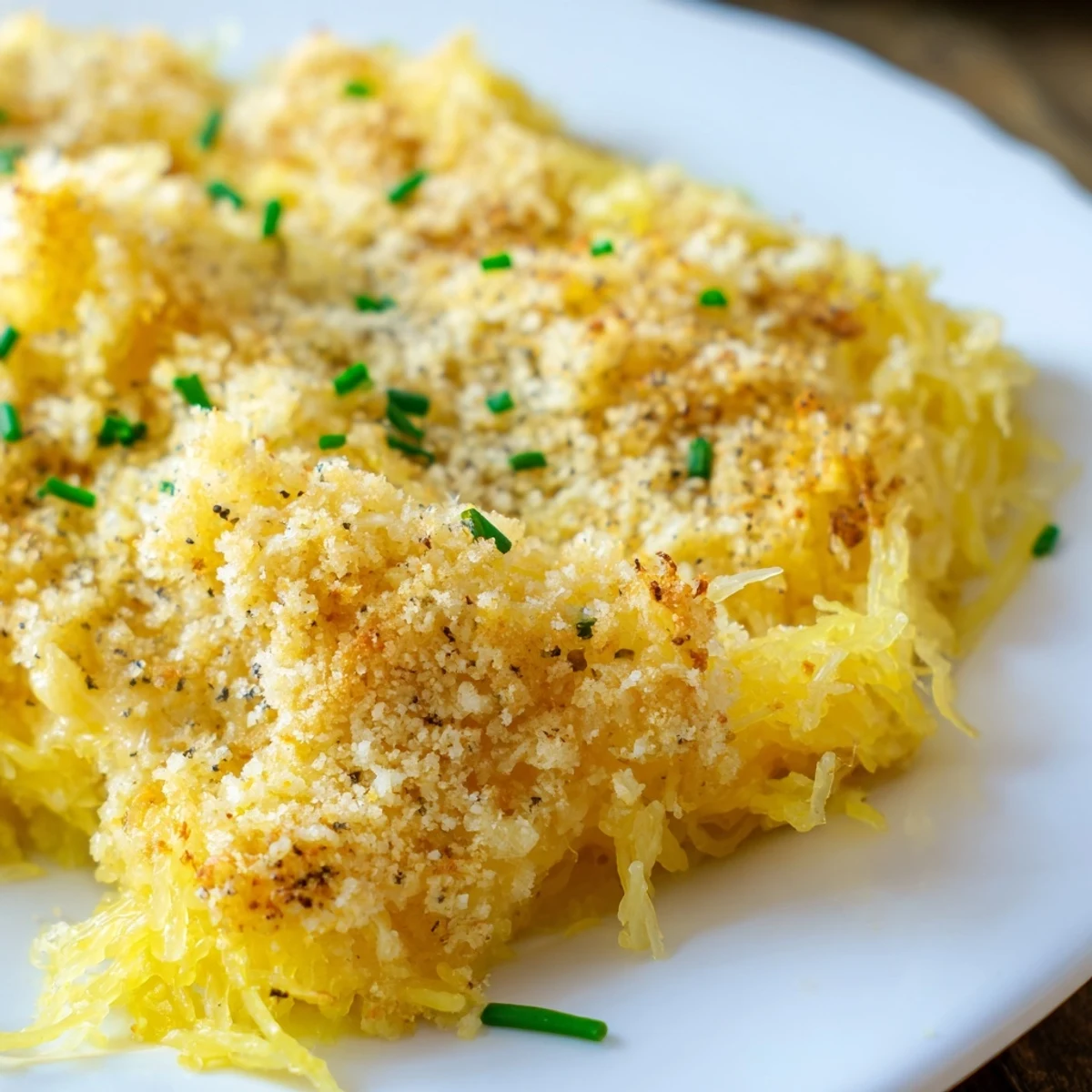 Creamy roasted spaghetti squash strands coated in rich cheddar cheese sauce in a white bowl