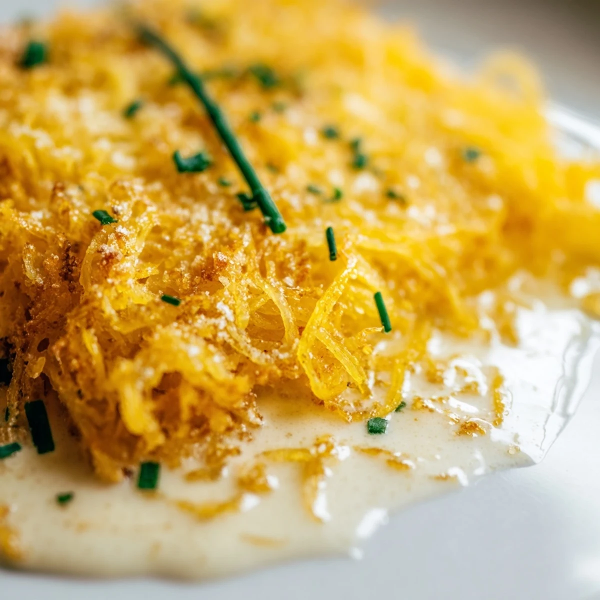 Comforting gluten-free spaghetti squash mac and cheese bubbling hot with melted Gruyère topping