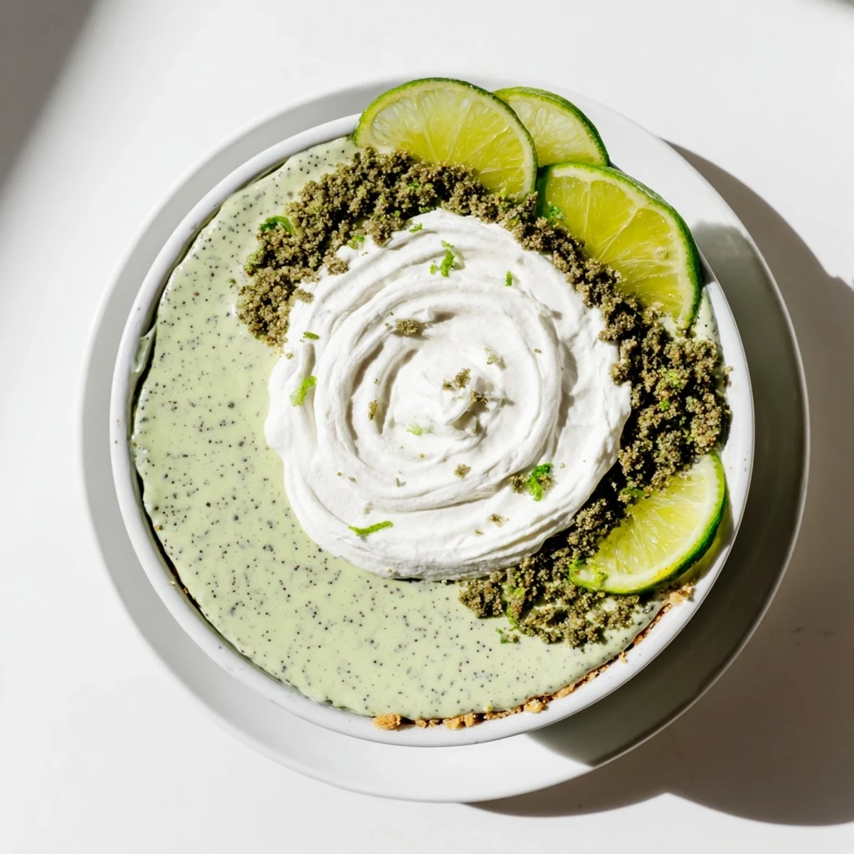 Creamy key lime chia pudding topped with fresh lime zest and coconut whipped cream in a glass jar