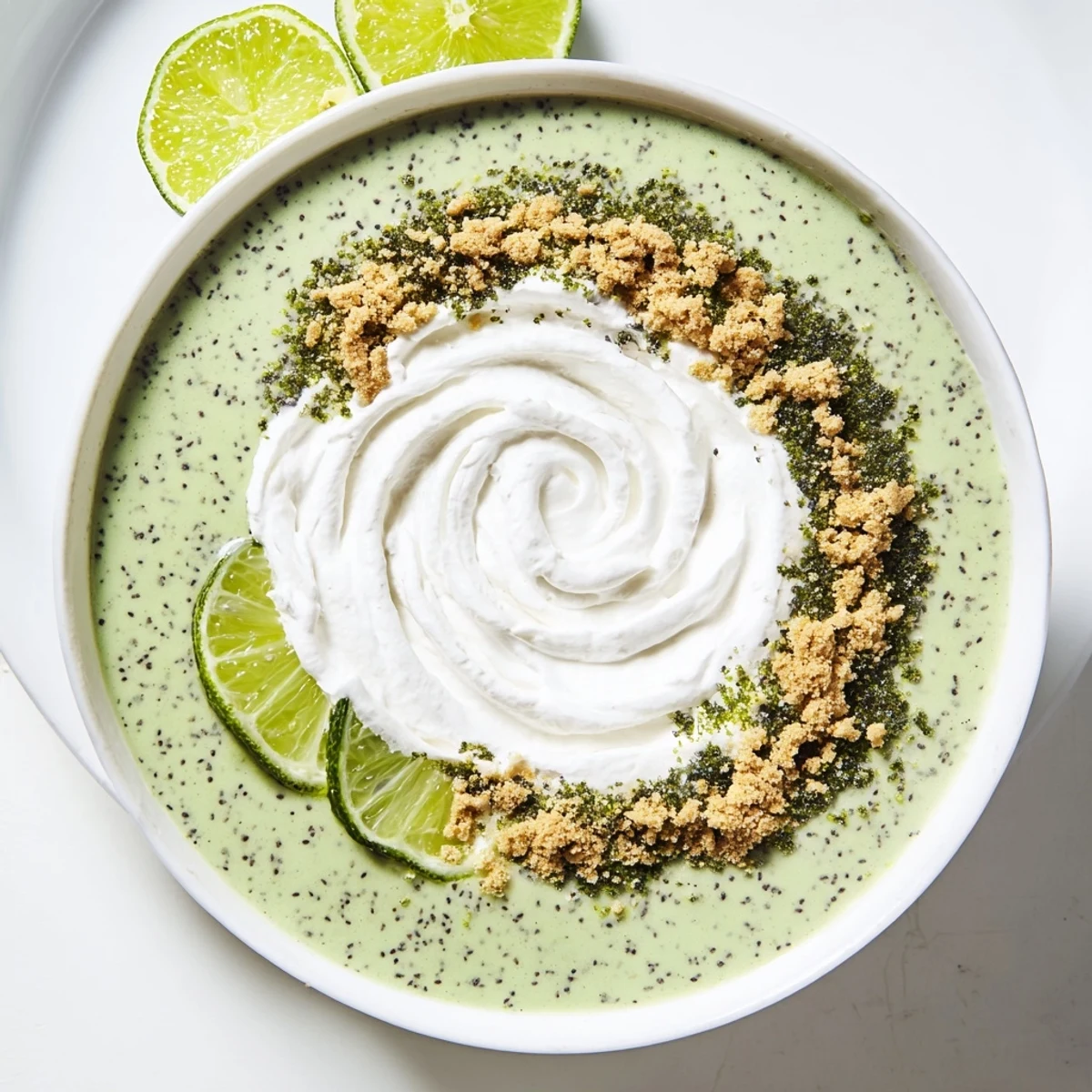 Vegan key lime chia pudding layered with crushed graham crackers and garnished with vibrant green lime slices