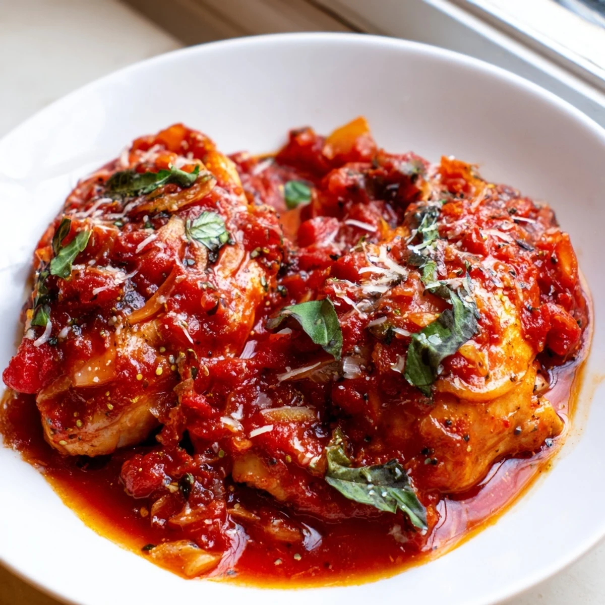 Golden seared chicken pomodoro delight simmering in rich, fragrant tomato basil sauce