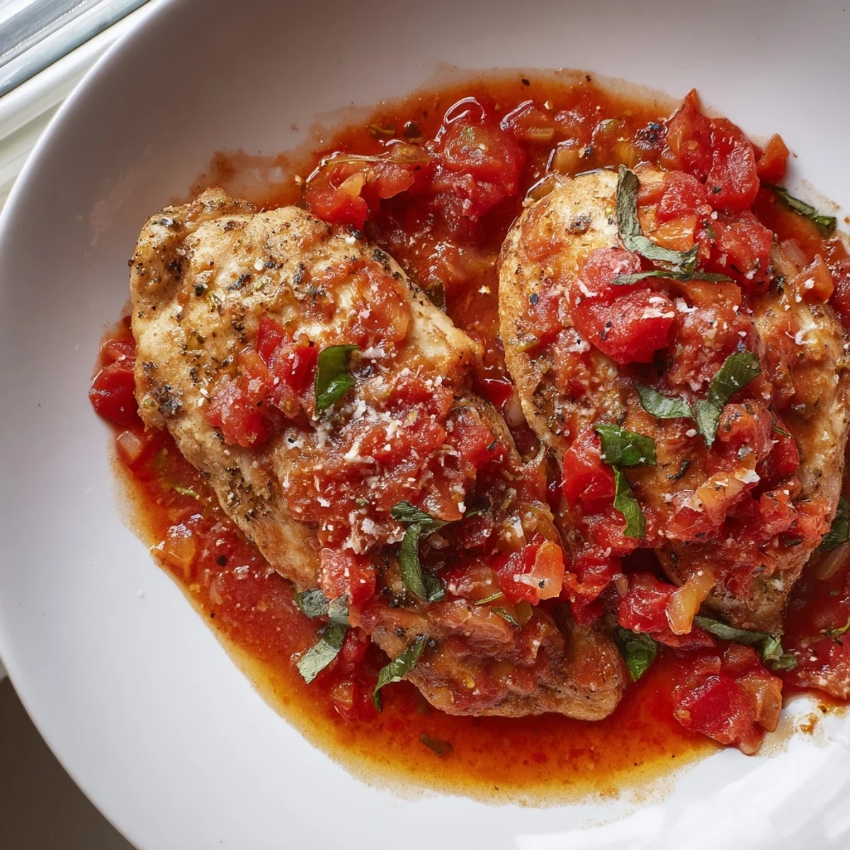 Tender chicken pomodoro delight topped with torn basil in a vibrant tomato skillet