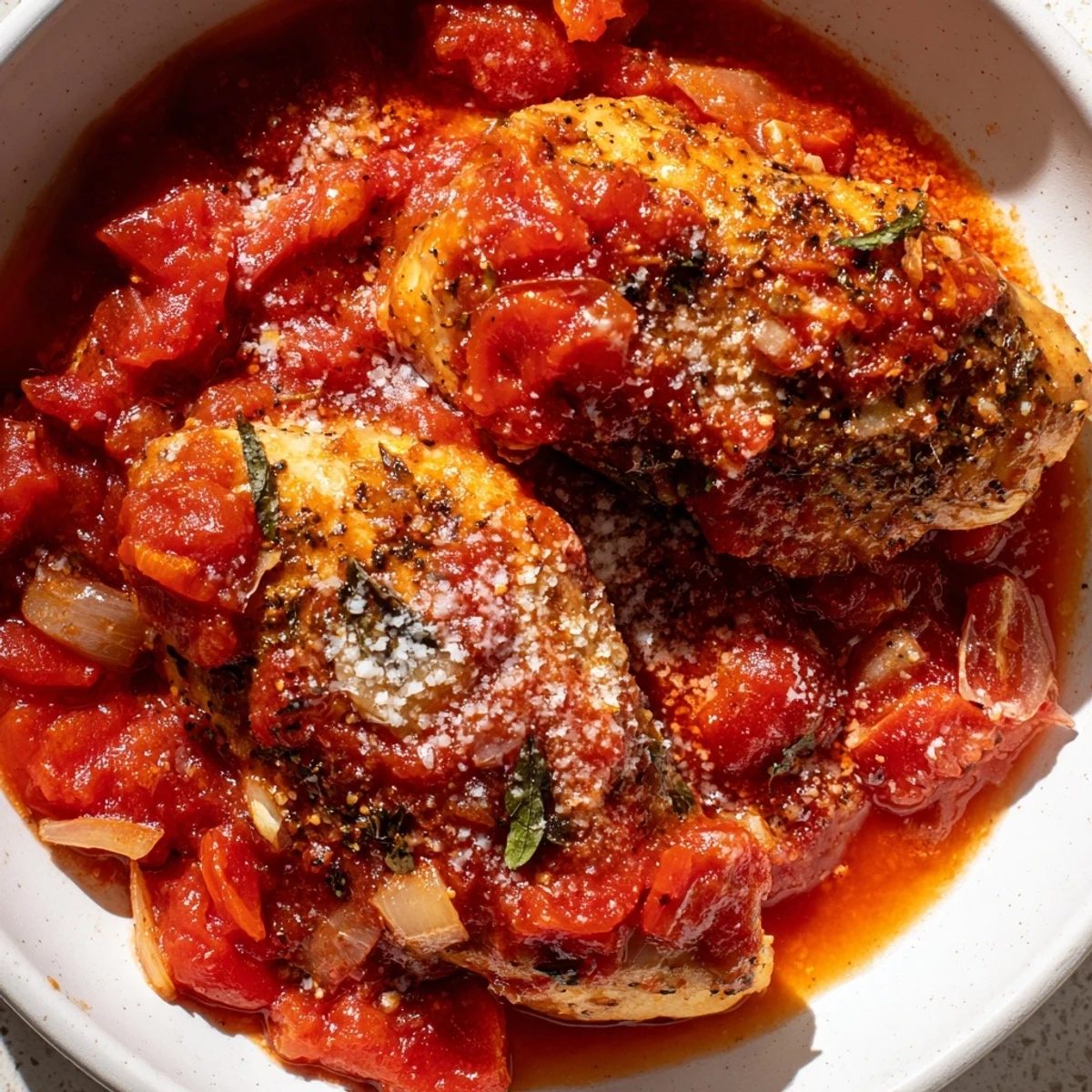 Juicy chicken pomodoro delight plated with melted Parmesan and fresh basil leaves