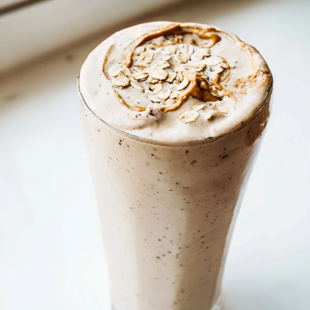 Thick oatmeal cookie dough protein smoothie poured into mason jars with cinnamon sprinkled on top