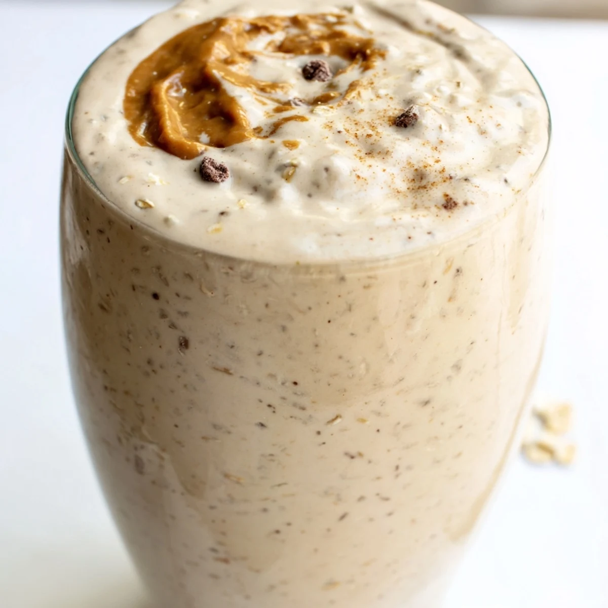 Frothy oatmeal cookie dough protein smoothie blended with oats and almond butter ready to serve