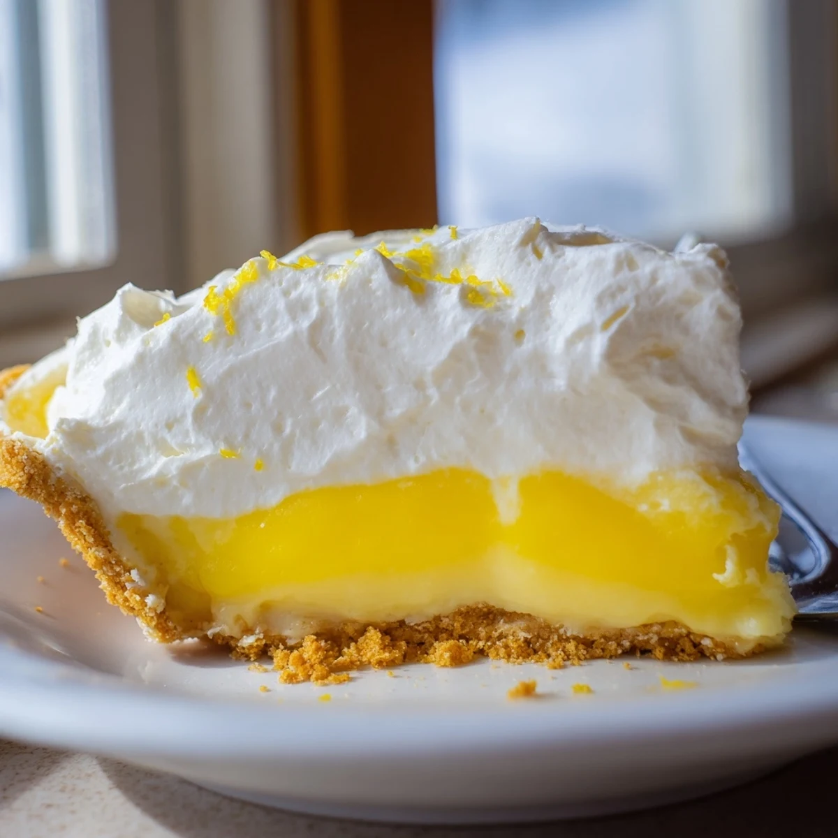 Real lemon pie with silky golden filling and whipped cream on a graham cracker crust