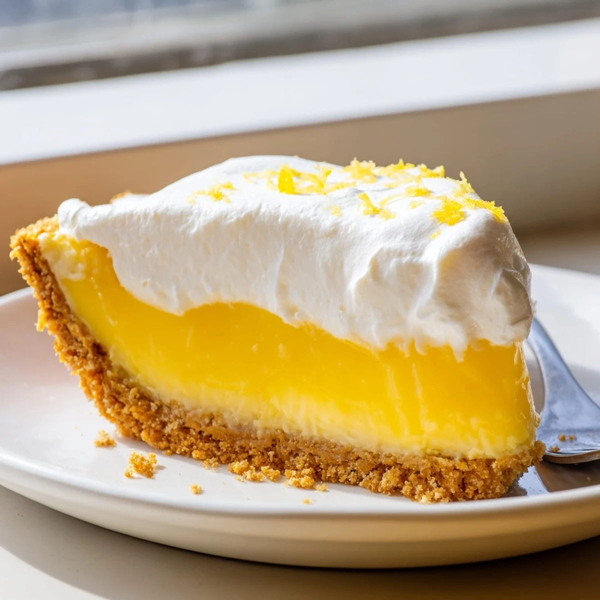 Tangy real lemon pie sliced to reveal a bright custard filling topped with billowy cream