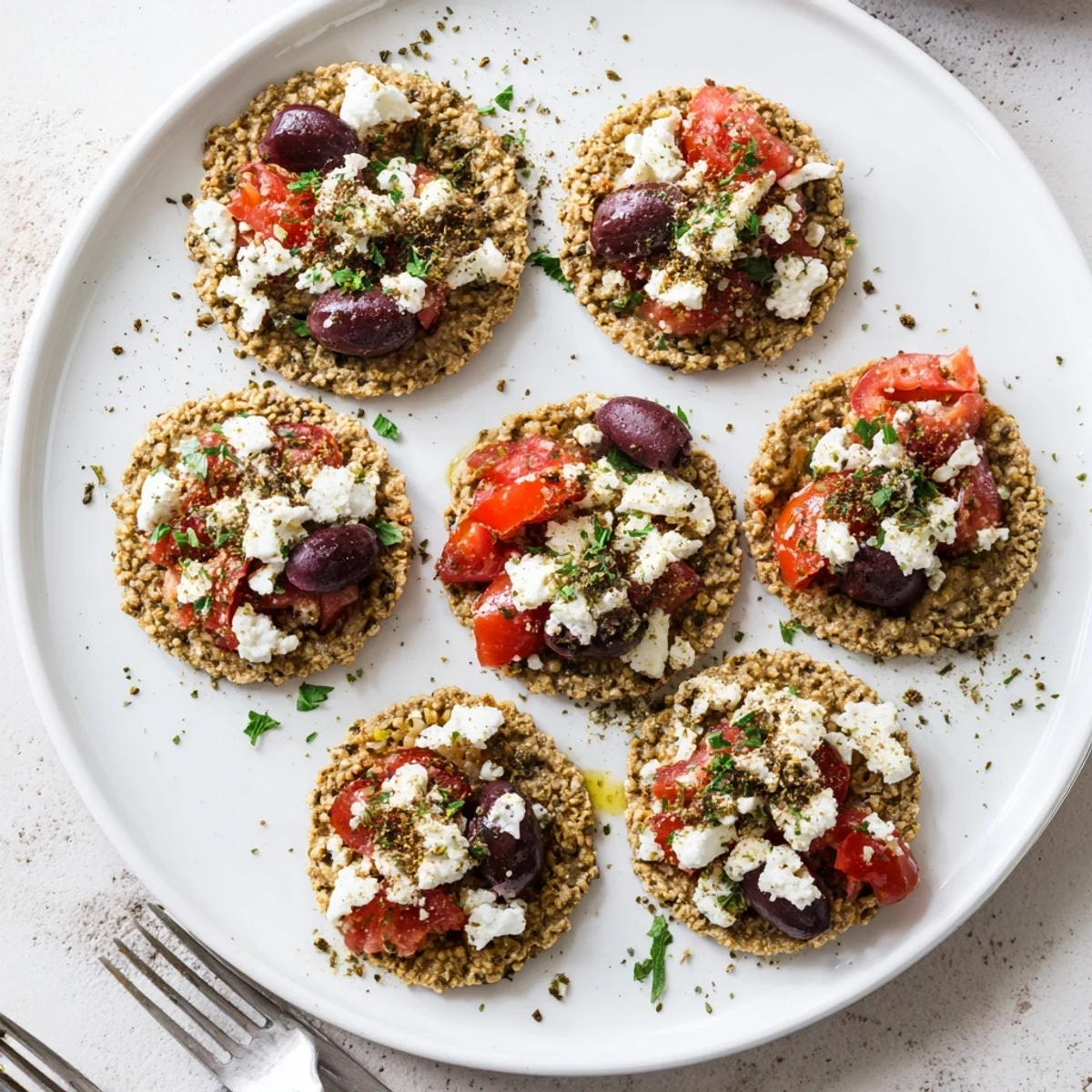 Crispy Cretan feta rusks topped with juicy tomatoes, crumbled feta, and sliced kalamata olives on a rustic baking tray.