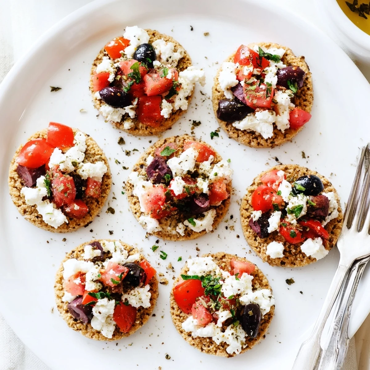 Golden crunchy barley rusks loaded with creamy feta, diced tomatoes, and fragrant oregano, drizzled with olive oil.