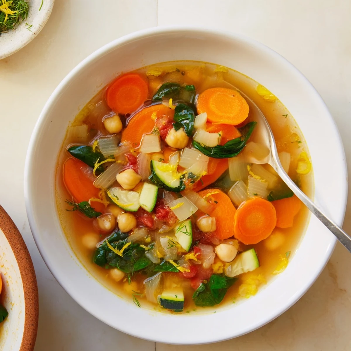 Steaming bowl of Vegan Italian Penicillin Soup with tender vegetables and fresh herbs
