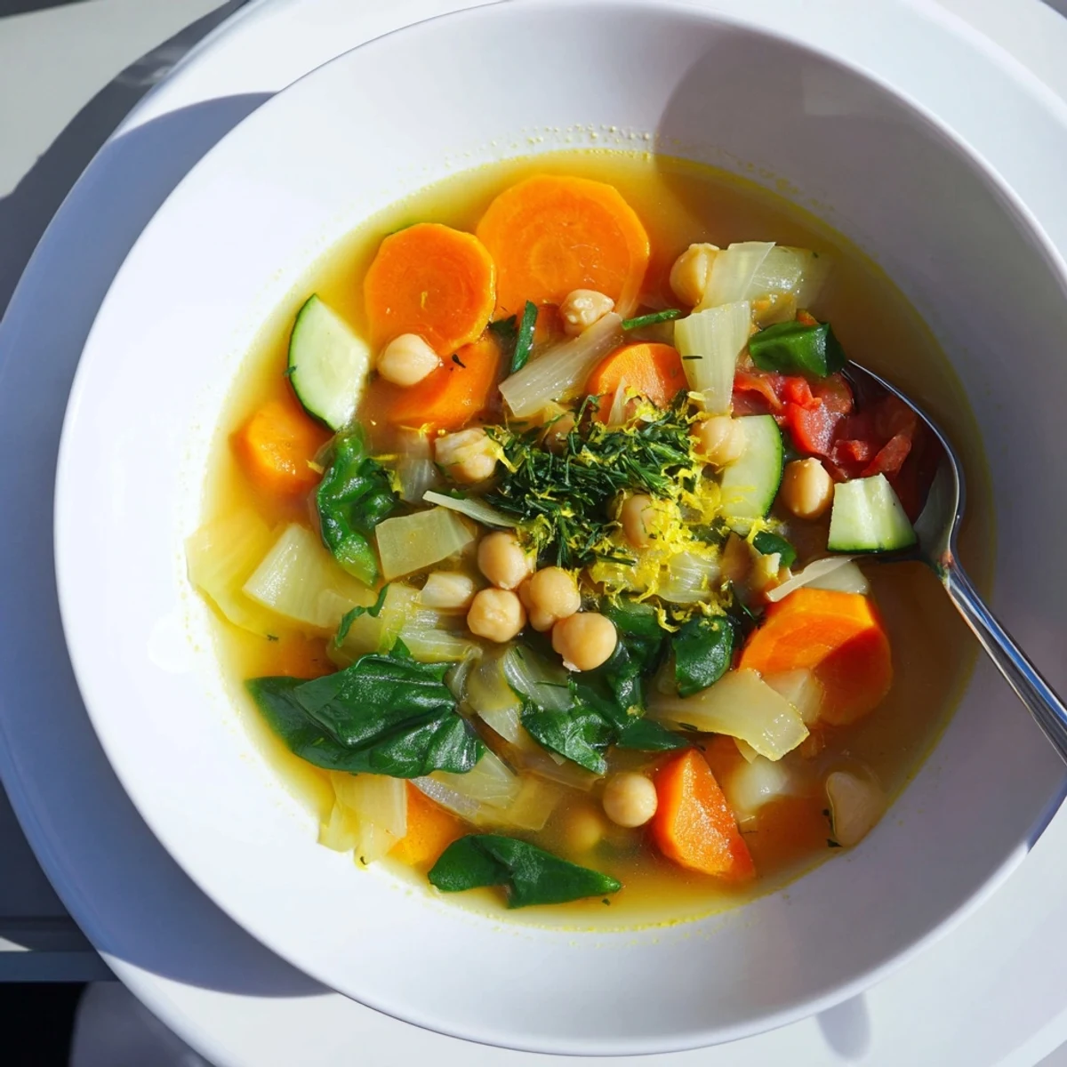 Golden broth of Vegan Italian Penicillin Soup brimming with carrots, chickpeas, and spinach