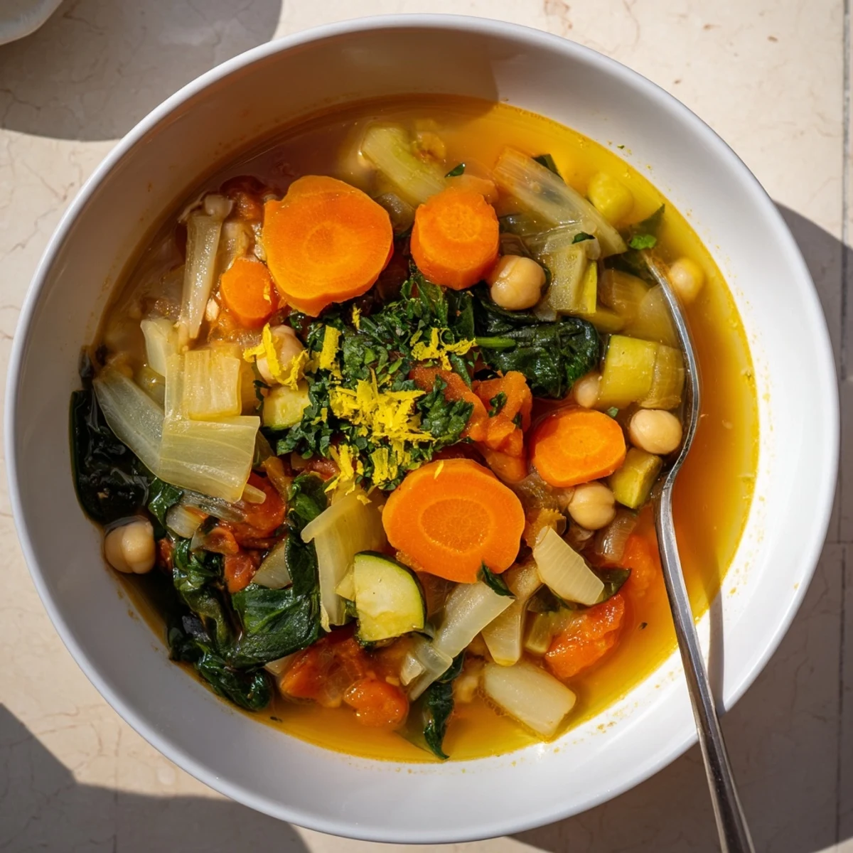 Creamy Vegan Italian Penicillin Soup ladled into a rustic bowl with crusty bread