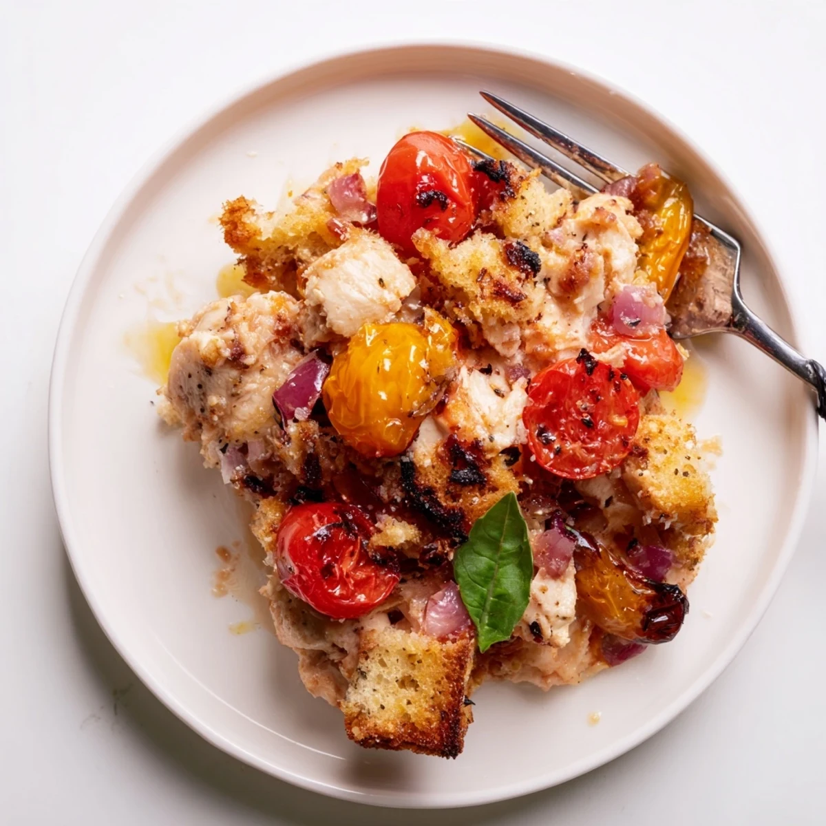 Juicy tomato-topped chicken bruschetta casserole fresh from the oven with crispy bread
