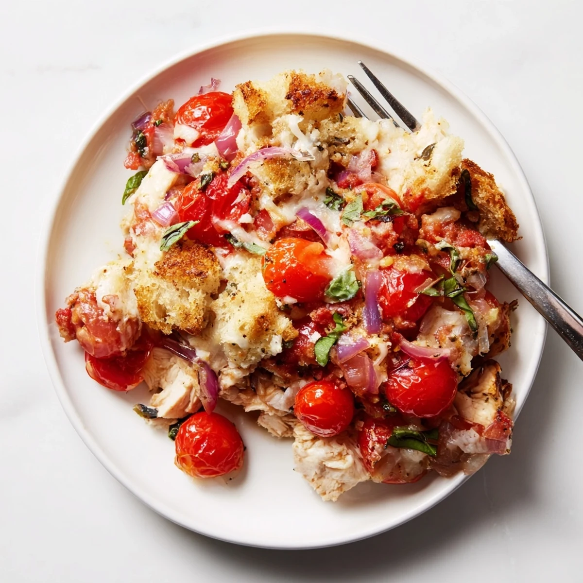 Golden bubbling chicken bruschetta casserole with melted mozzarella and fresh basil