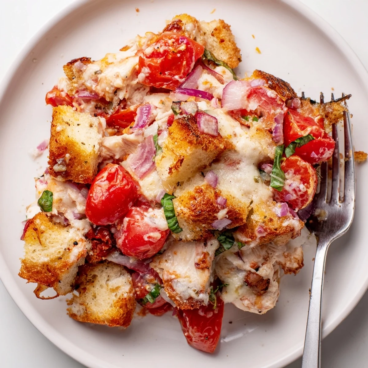 Cheesy chicken bruschetta casserole garnished with basil and served on a white plate