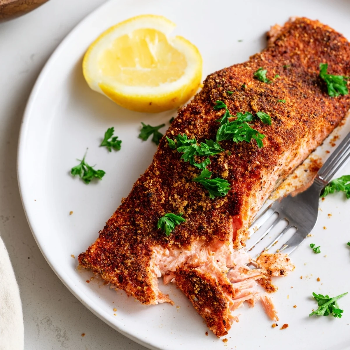 Spicy Oven Baked Cajun Salmon flaking beautifully on a parchment-lined sheet pan