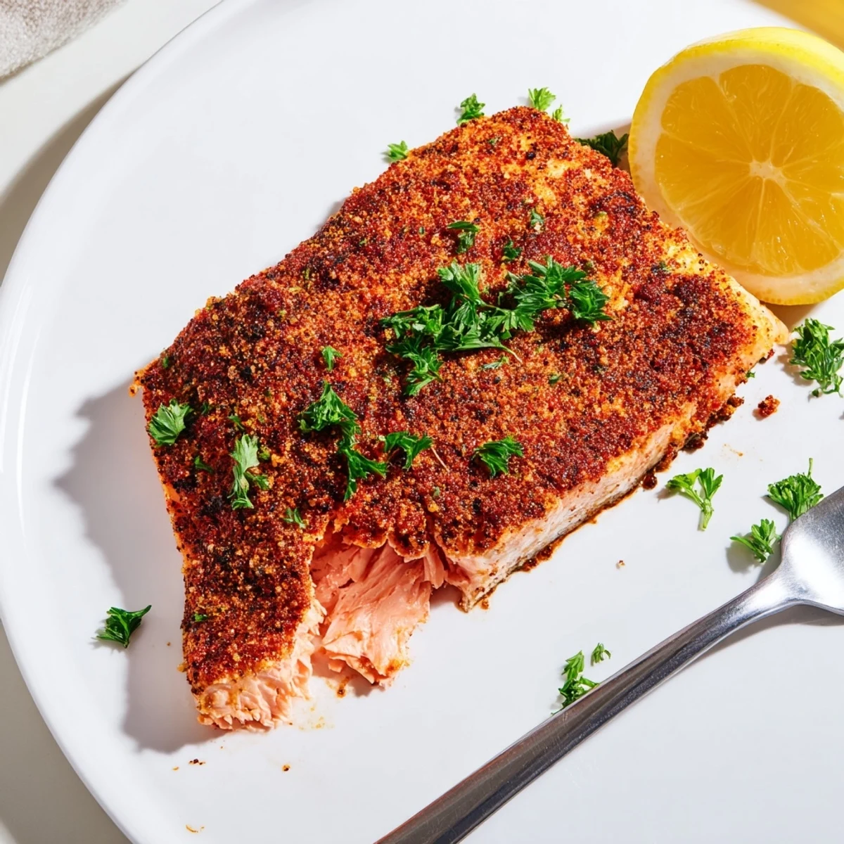Golden Oven Baked Cajun Salmon fillets garnished with fresh parsley and bright lemon wedges