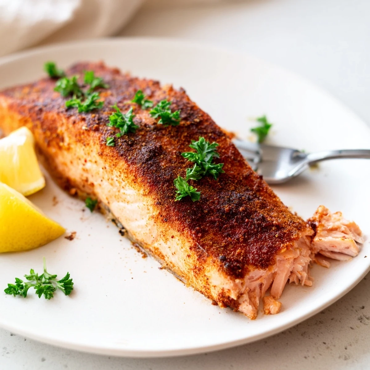 Juicy Oven Baked Cajun Salmon coated in a smoky rust-colored spice crust served on a white plate