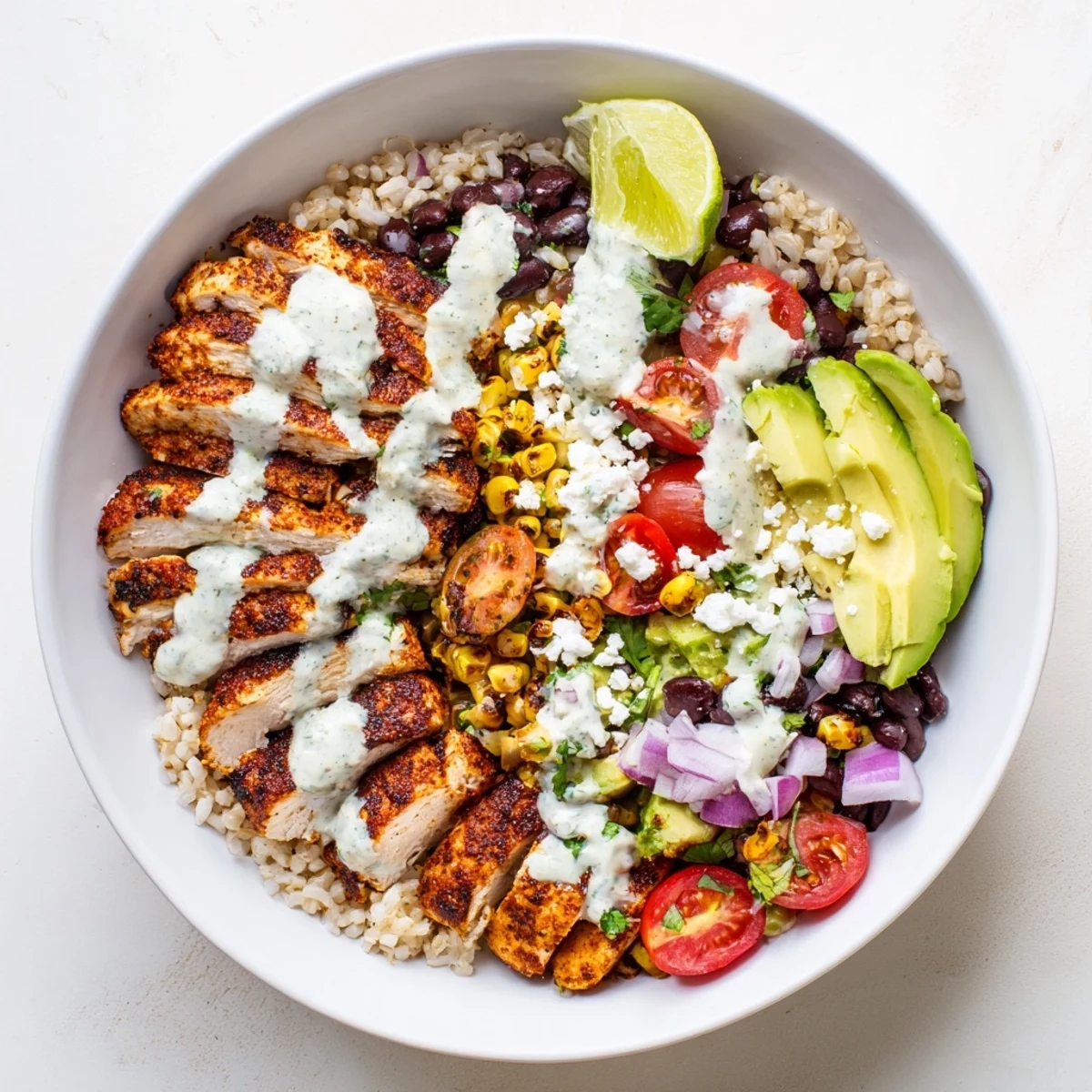 Healthy street corn chicken bowl with charred corn, avocado, and creamy sauce