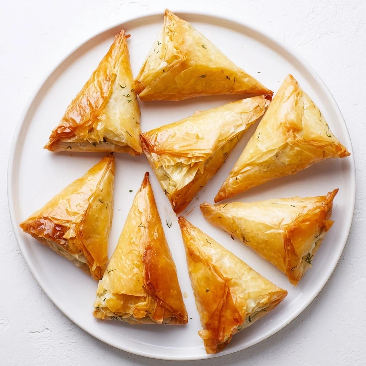 Crispy artichoke and Graviera filo puffs arranged on a rustic white serving platter