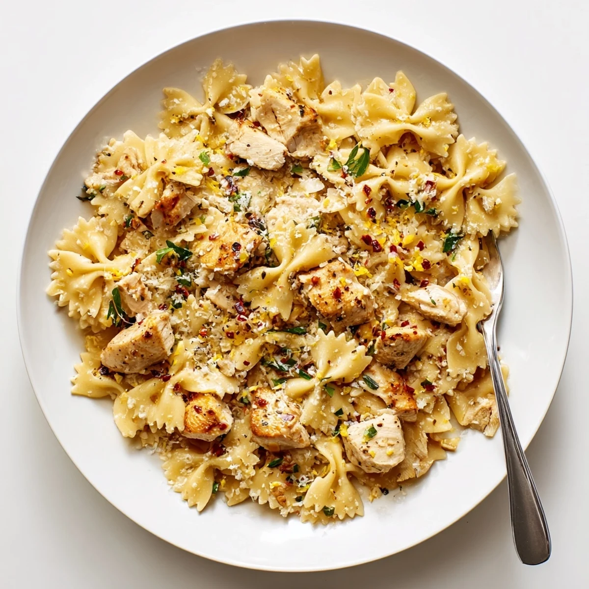 Golden seared chicken and bowtie pasta coated in zesty cowboy butter lemon sauce
