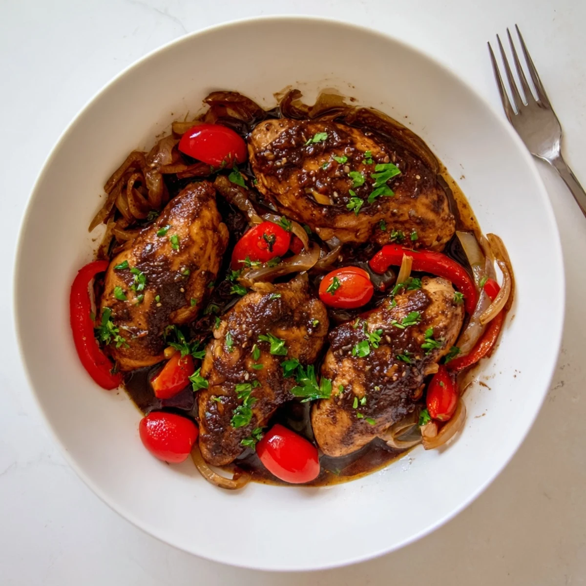 Juicy slow cooker balsamic chicken nestled in a glossy, tangy herb sauce