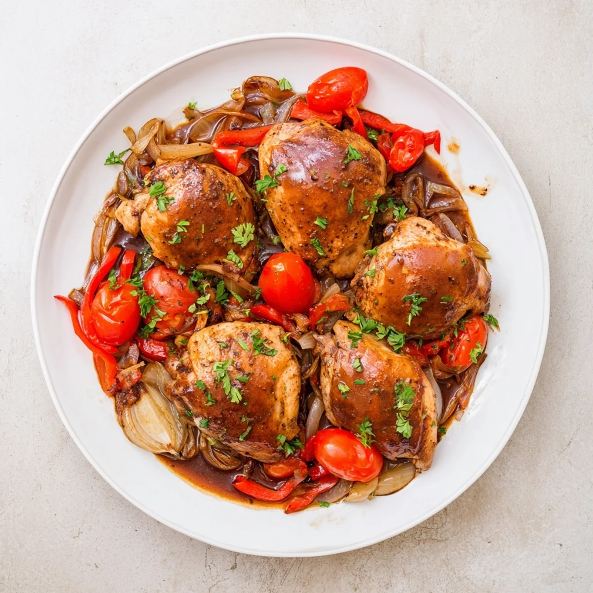 Slow cooker balsamic chicken with vibrant bell peppers and halved cherry tomatoes