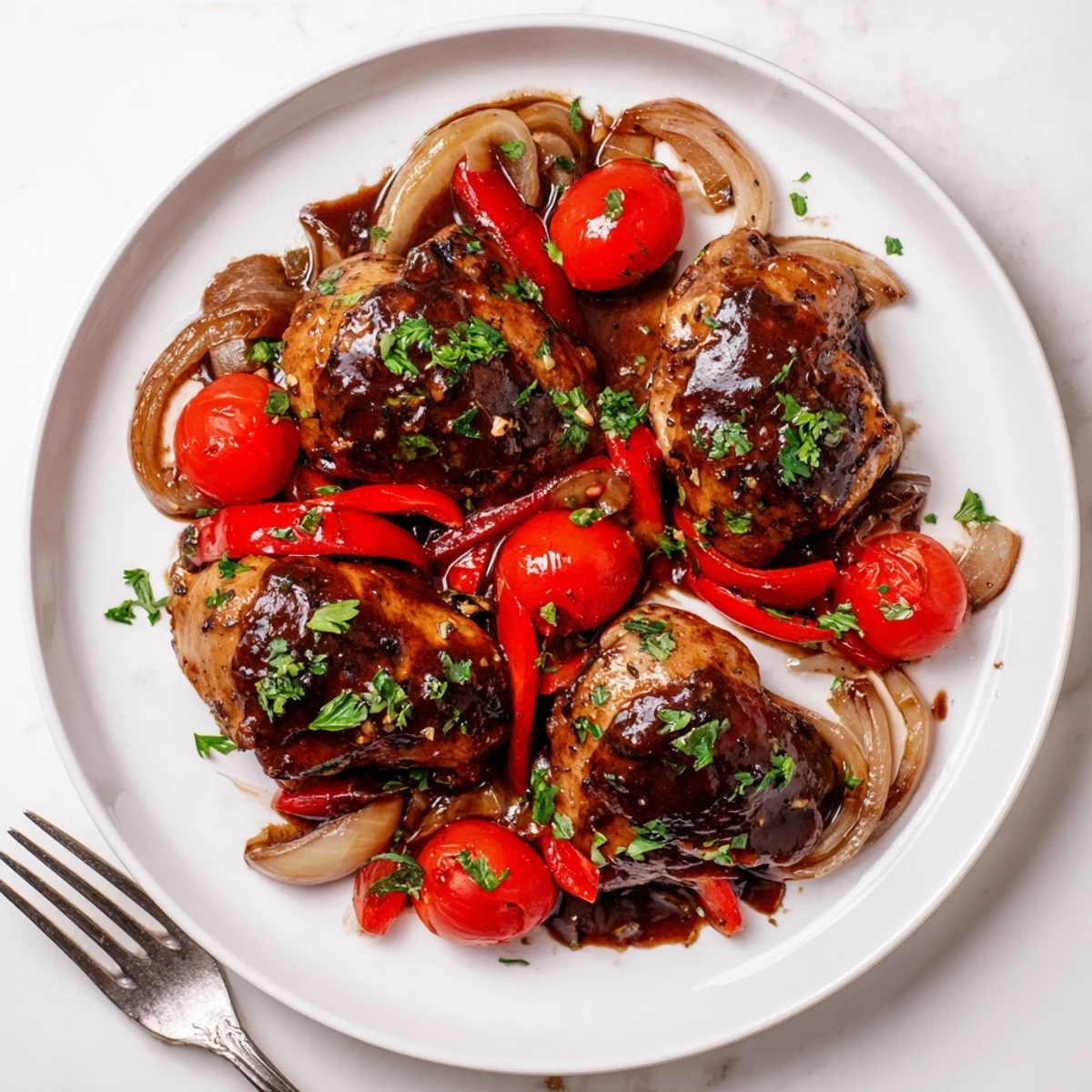 Tender slow cooker balsamic chicken drizzled with rich sauce and fresh parsley garnish