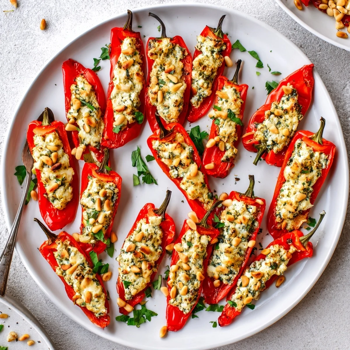Roasted goat cheese stuffed mini peppers glistening with golden melted cheese on a rustic baking sheet