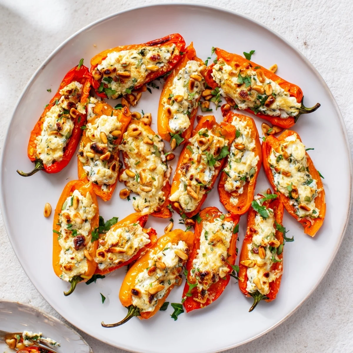 Creamy goat cheese stuffed mini peppers topped with toasted pine nuts and fresh herbs