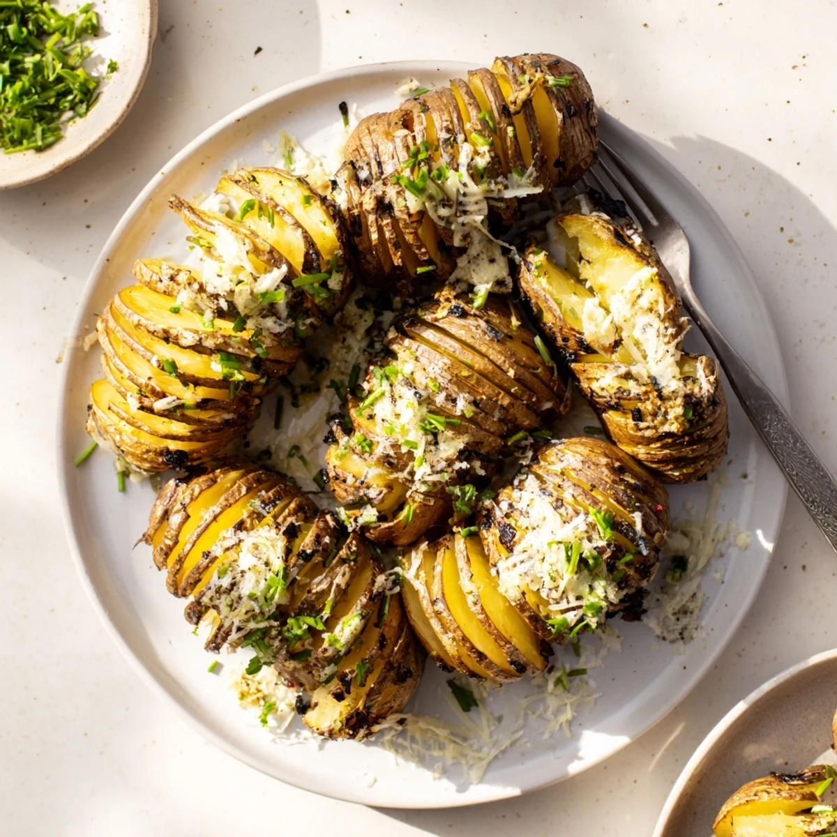 Golden grilled Hasselback potatoes with garlic butter and fresh herbs on a platter