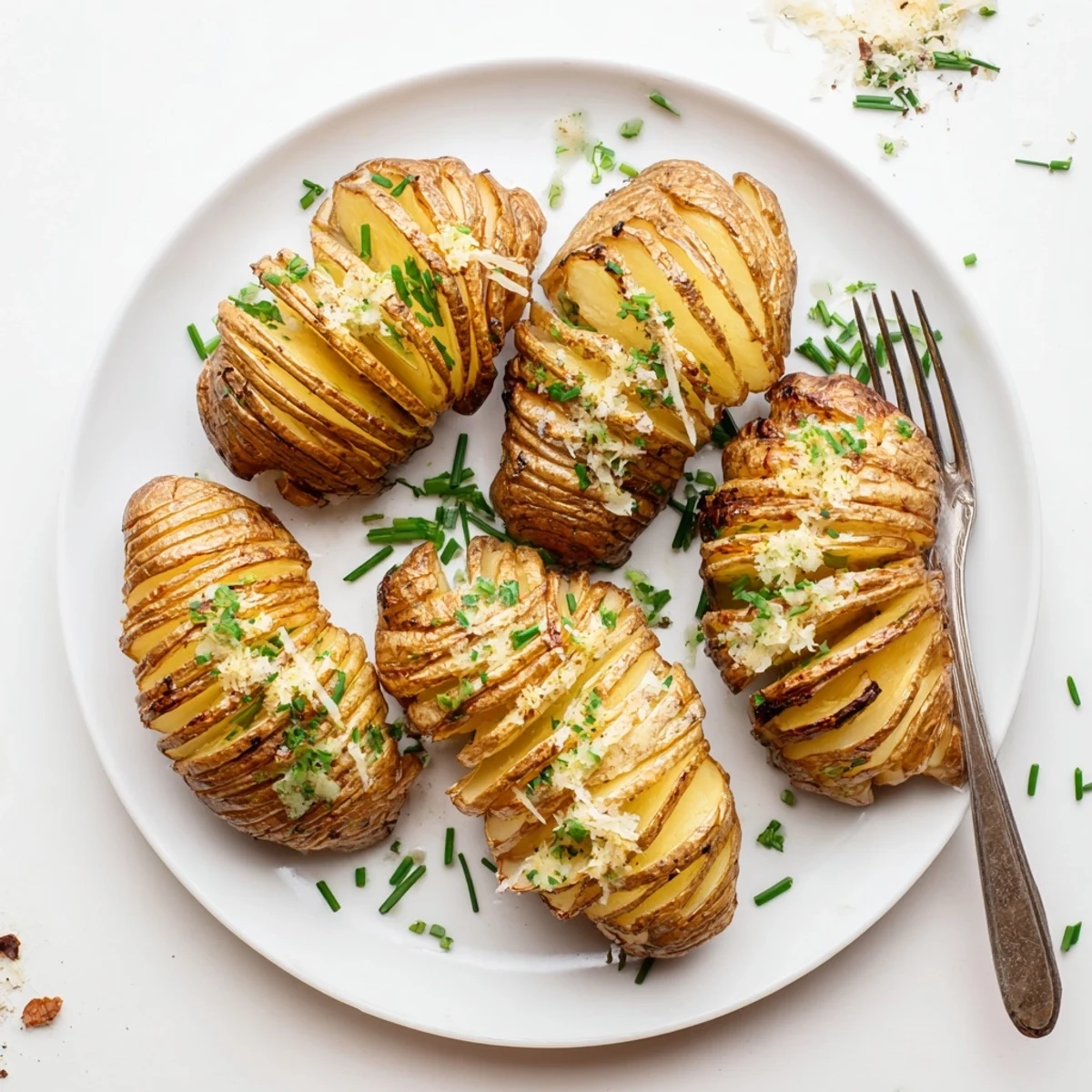 Crispy sliced Hasselback potatoes topped with melted Parmesan and chopped chives served hot