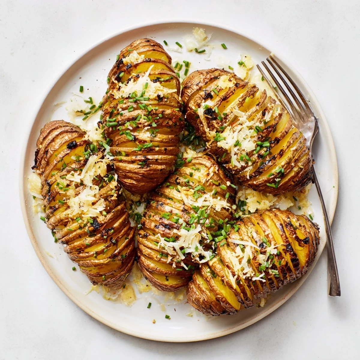 Tender grilled Hasselback potatoes fanned open and basted in herb garlic butter