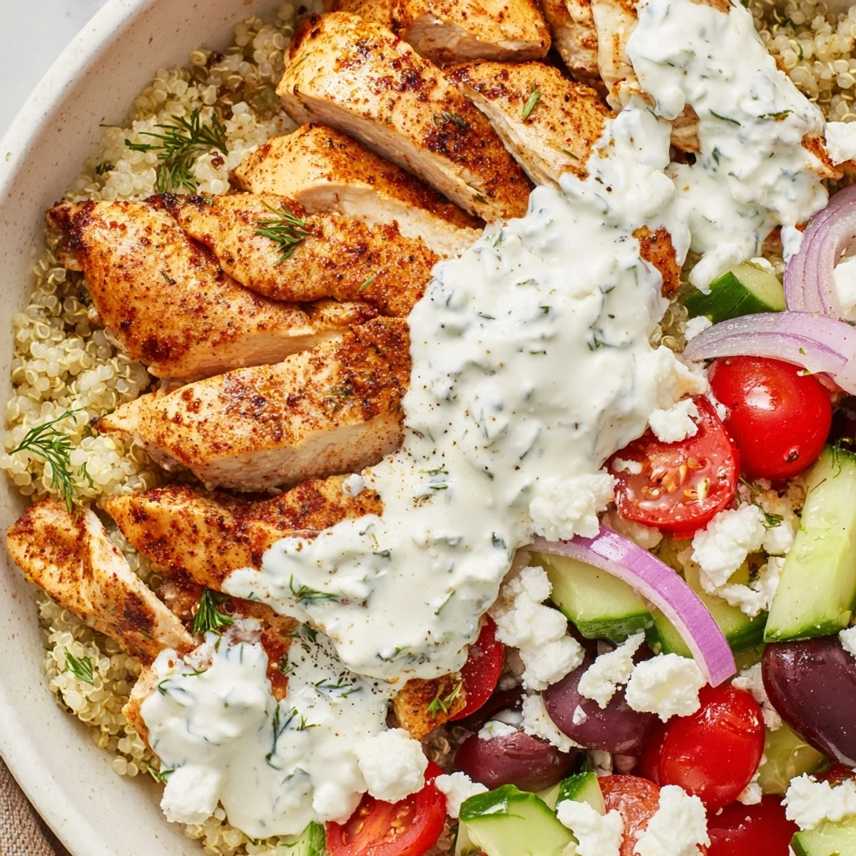 Golden sliced Greek chicken grain bowl topped with fresh tomatoes, cucumber, and creamy tzatziki
