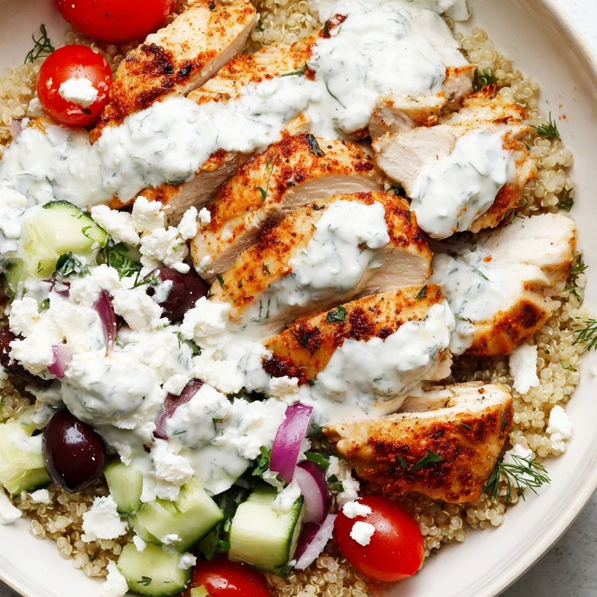 Colorful Greek chicken grain bowl with feta crumbles, olives, and a cool dill tzatziki drizzle