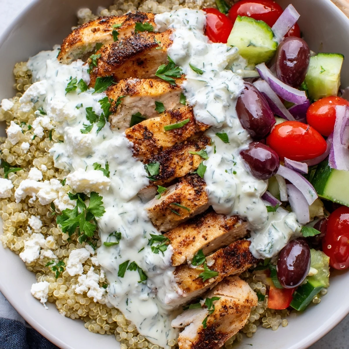 Hearty Greek chicken grain bowl served in a rustic dish with vibrant Mediterranean vegetables and lemon