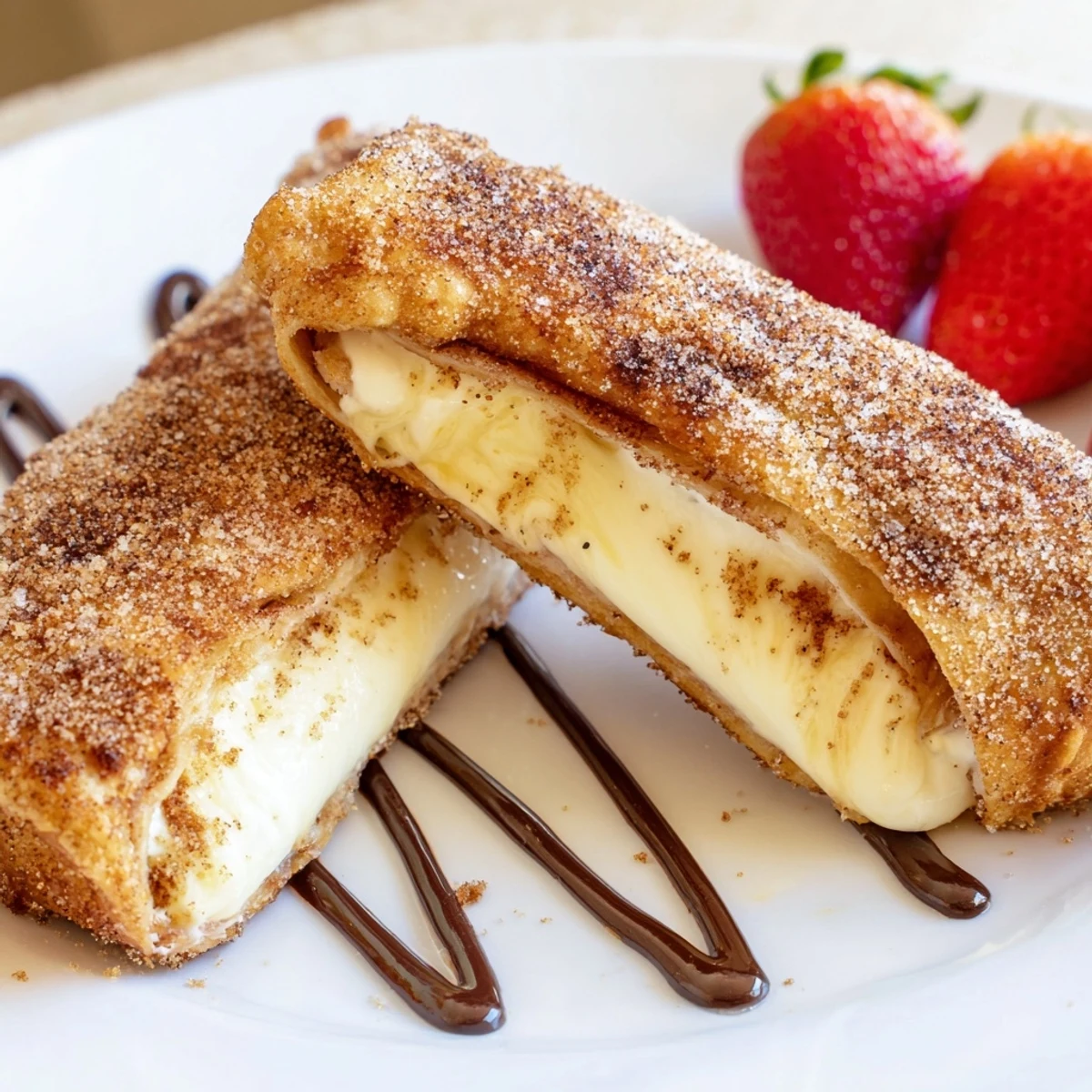 Cheesecake chimichangas split open revealing creamy filling drizzled with chocolate sauce