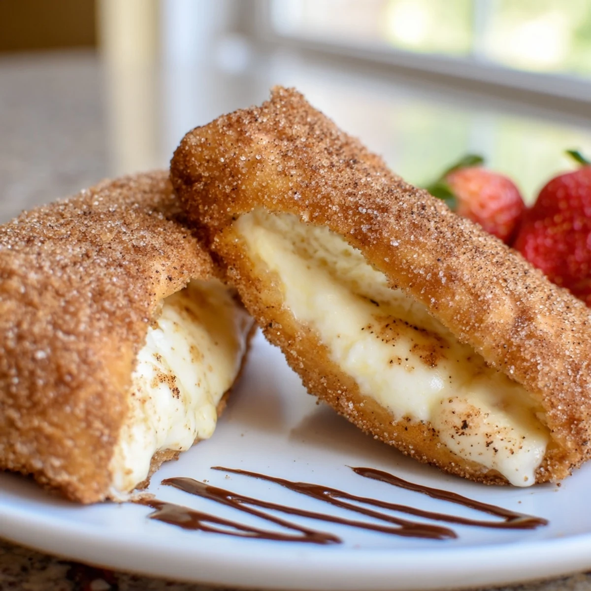 Golden crispy cheesecake chimichangas coated in cinnamon sugar on a rustic plate