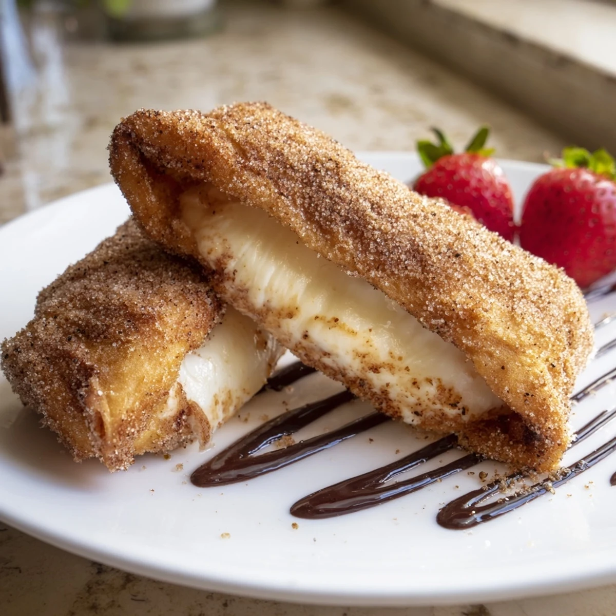 Warm cheesecake chimichangas dusted with cinnamon sugar served alongside fresh mixed berries