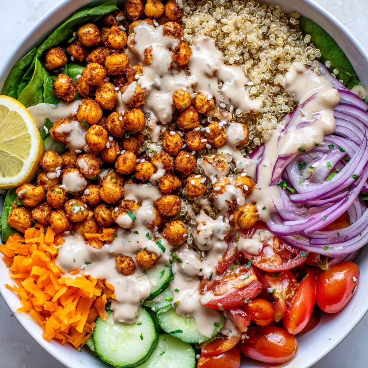 Colorful quinoa chickpea bowl topped with roasted chickpeas, fresh veggies, and creamy tahini dressing