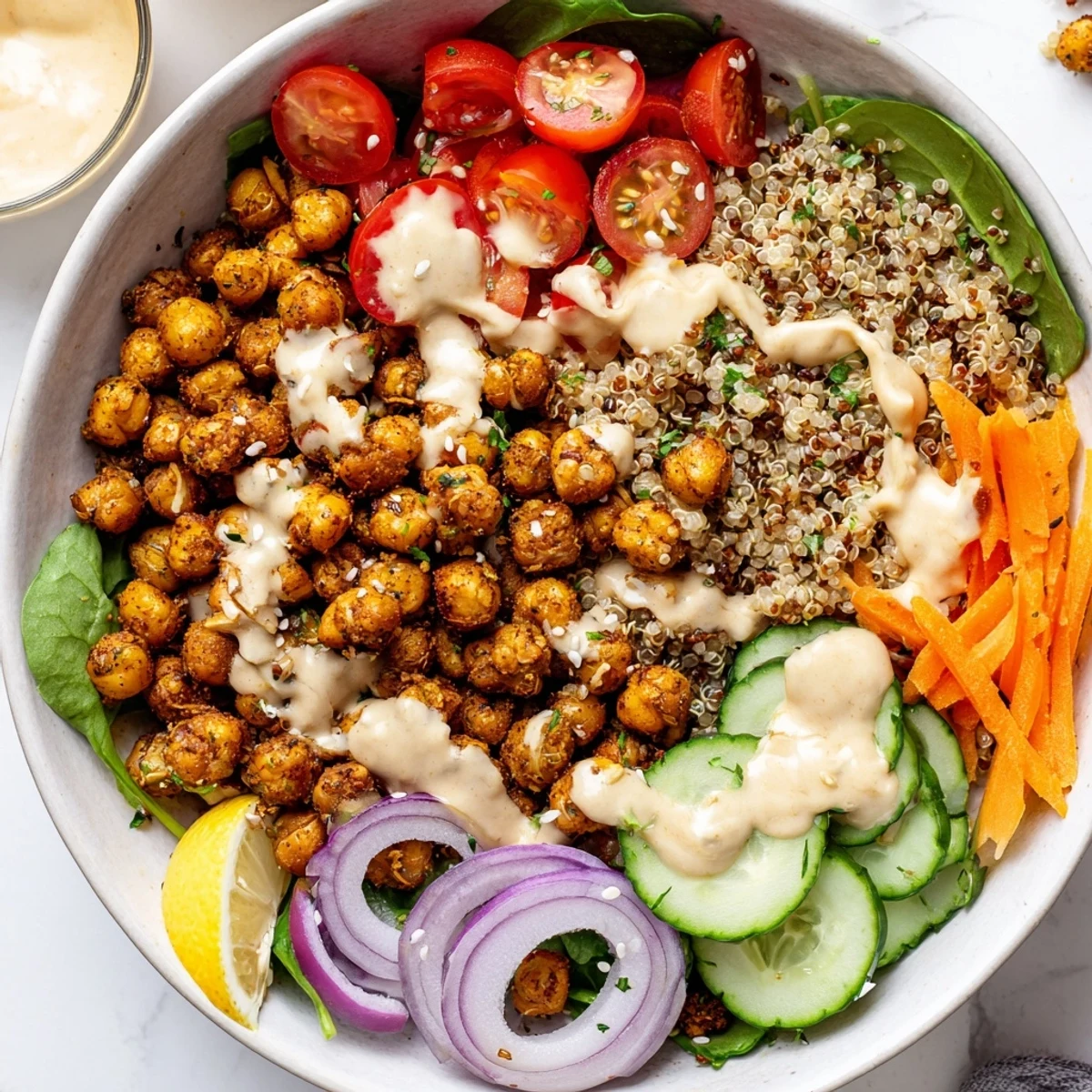 Fluffy quinoa chickpea bowl loaded with crisp vegetables, crunchy spiced legumes, and bright lemon-tahini drizzle