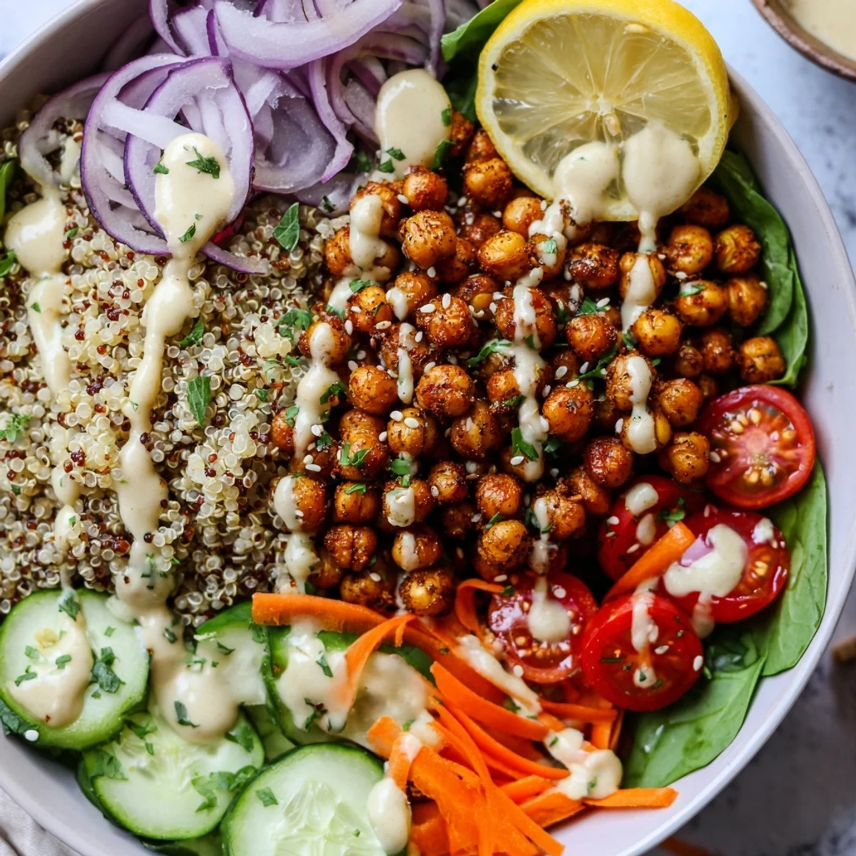 Vibrant quinoa chickpea bowl served in a rustic dish with baby spinach, shredded carrots, and sesame garnish